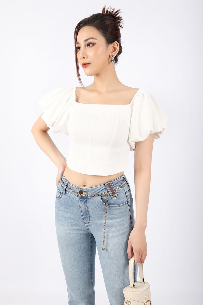 FAK31302 - Áo kiểu dạo phố vải tuytsi dáng croptop cổ vuông vai chun tay bồng thân sau bo chun - PANTIO