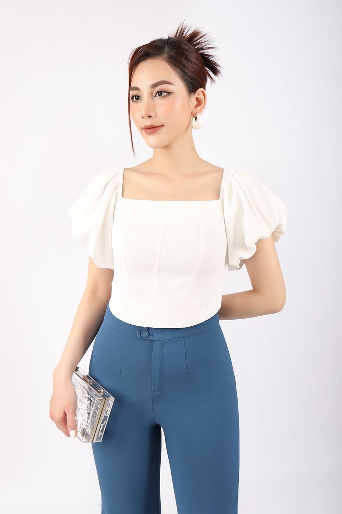 FAK31302 - Áo kiểu dạo phố vải tuytsi dáng croptop cổ vuông vai chun tay bồng thân sau bo chun - PANTIO