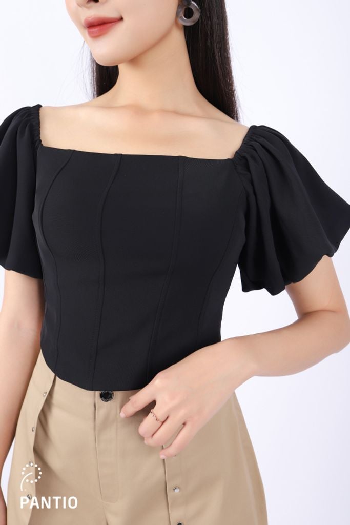 FAK31302 - Áo kiểu dạo phố vải tuytsi dáng croptop cổ vuông vai chun tay bồng thân sau bo chun - PANTIO