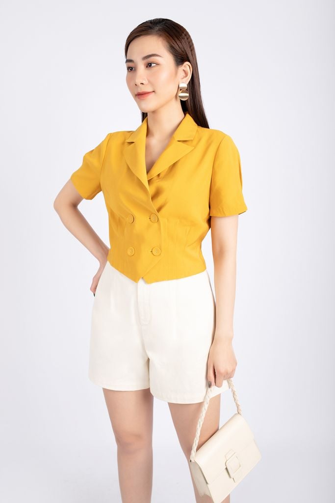 FAK31303 - Áo kiểu công sở vải thô dáng croptop cổ hai ve eo xếp ly cài cúc bọc - PANTIO