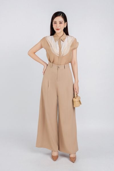 FAK31333 - Áo sơ mi kiểu công sở dáng suông vải tơ cổ đức phối bèo tạo kiểu vai chờm - PANTIO