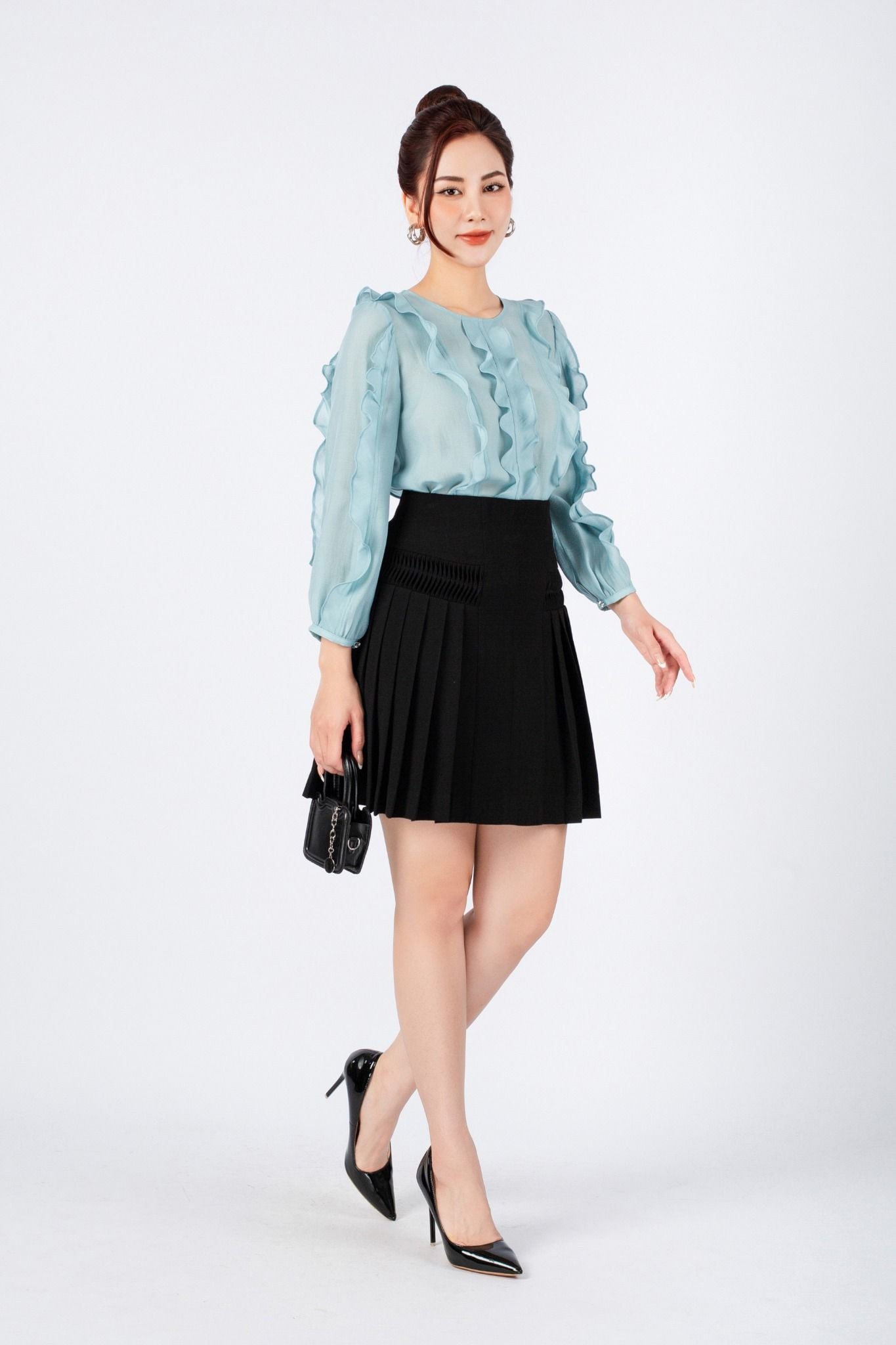 BJN12997 - Chân váy công sở vải thô dáng xòe xếp ly hông tạo kiểu - PANTIO