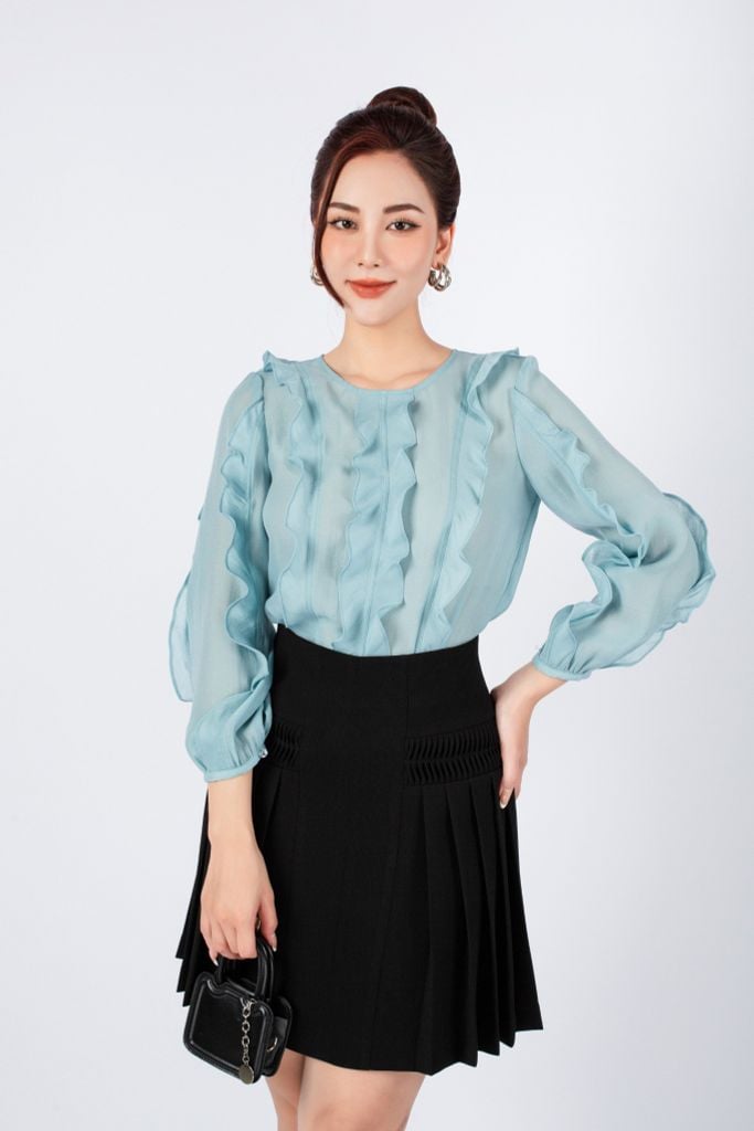 BJN12997 - Chân váy công sở vải thô dáng xòe xếp ly hông tạo kiểu - PANTIO