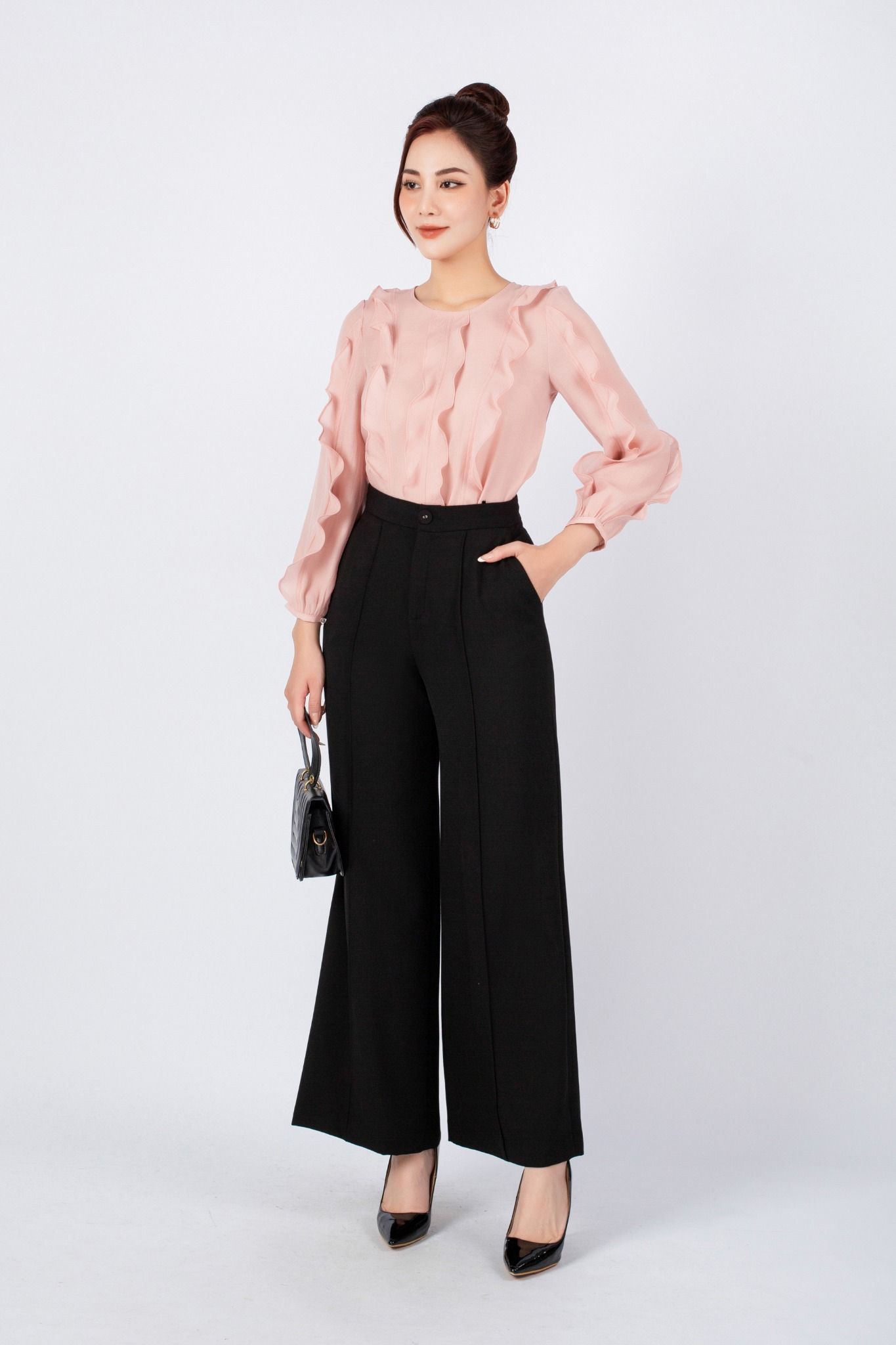 FAK31339 - Áo kiểu công sở vải tơ dáng suông có lót habutai cổ tròn thân phối bèo tạo kiểu - PANTIO