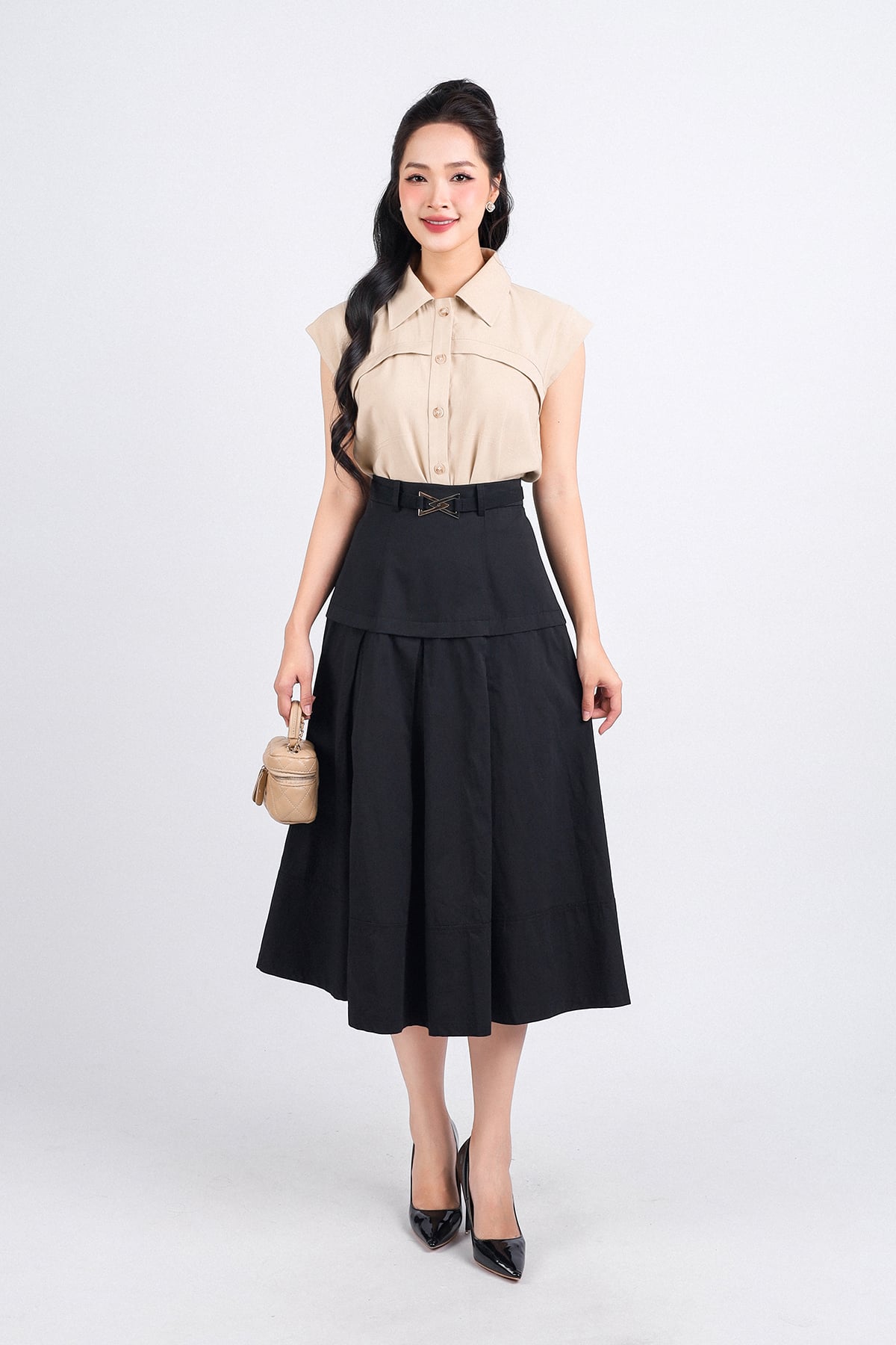 FAK31344 - Áo sơ mi kiểu công sở vải tuytsi dáng suông cổ đức tay chờm cài khuy thân trước - PANTIO