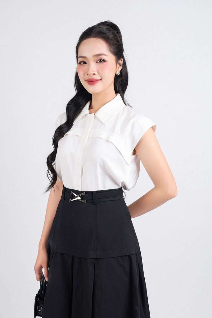 FAK31344 - Áo sơ mi kiểu công sở vải tuyp xy dáng suông cổ đức tay chờm cài khuy thân trước - PANTIO