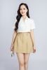FAK31345 - Áo kiểu dạo phố vải thô dáng croptop cổ đức xẻ V phối nẹp đính cúc trang trí - PANTIO