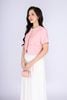 FAK31354 - Áo kiểu công sở vải thô dáng croptop cổ tròn pha vải khác màu thân phối nắp túi đính khuy trang trí - PANTIO