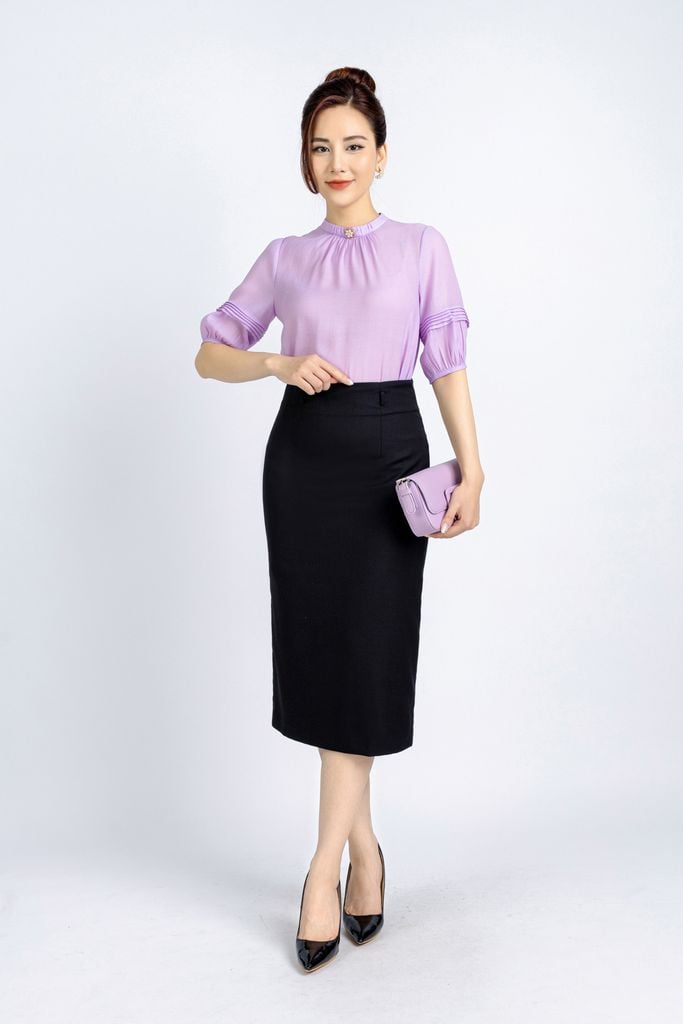 FAK31356 - Áo kiểu công sở vải tơ dáng suông cổ tròn nhún đính khuy tạo kiểu - PANTIO