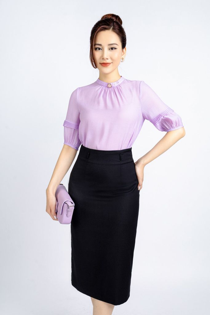 FAK31356 - Áo kiểu công sở vải tơ dáng suông cổ tròn nhún đính khuy tạo kiểu - PANTIO