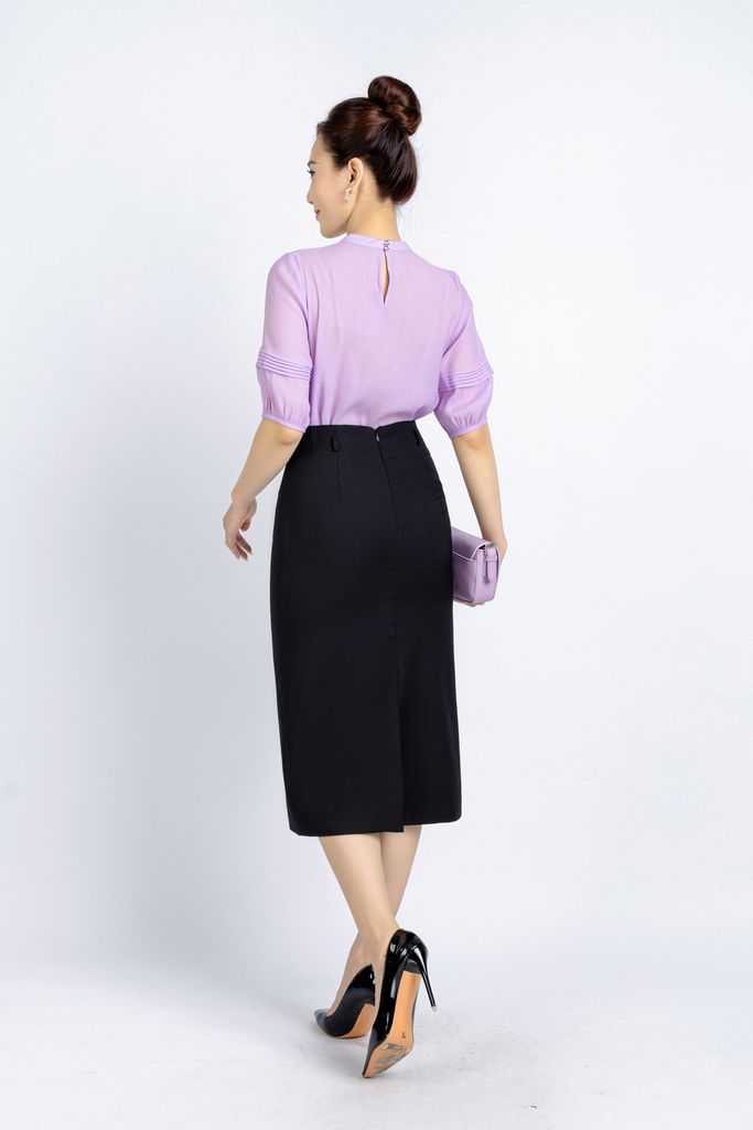 FAK31356 - Áo kiểu công sở vải tơ dáng suông cổ tròn nhún đính khuy tạo kiểu - PANTIO