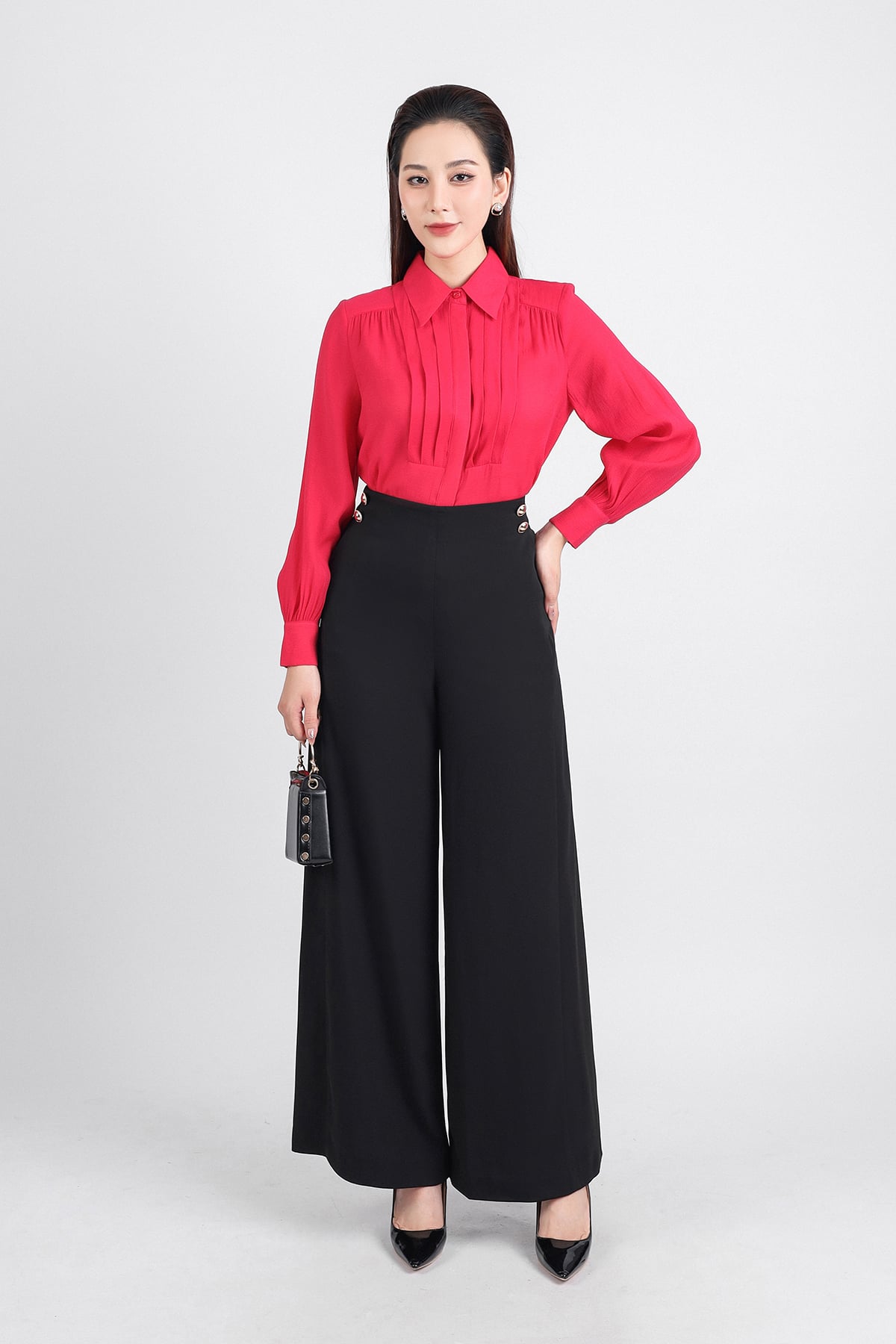 FAK31359 - Áo sơ mi kiểu công sở vải tơ dáng suông dài tay cổ đức thân áo xếp ly tạo kiểu cài khuy thân trước - PANTIO