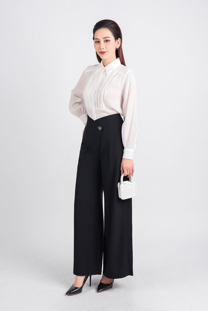 FQD51101 - Quần công sở vải tuyp xy dáng suông dài eo cut chữ V vạt bất đối xứng phối khuy trang trí khoá thân sau - PANTIO