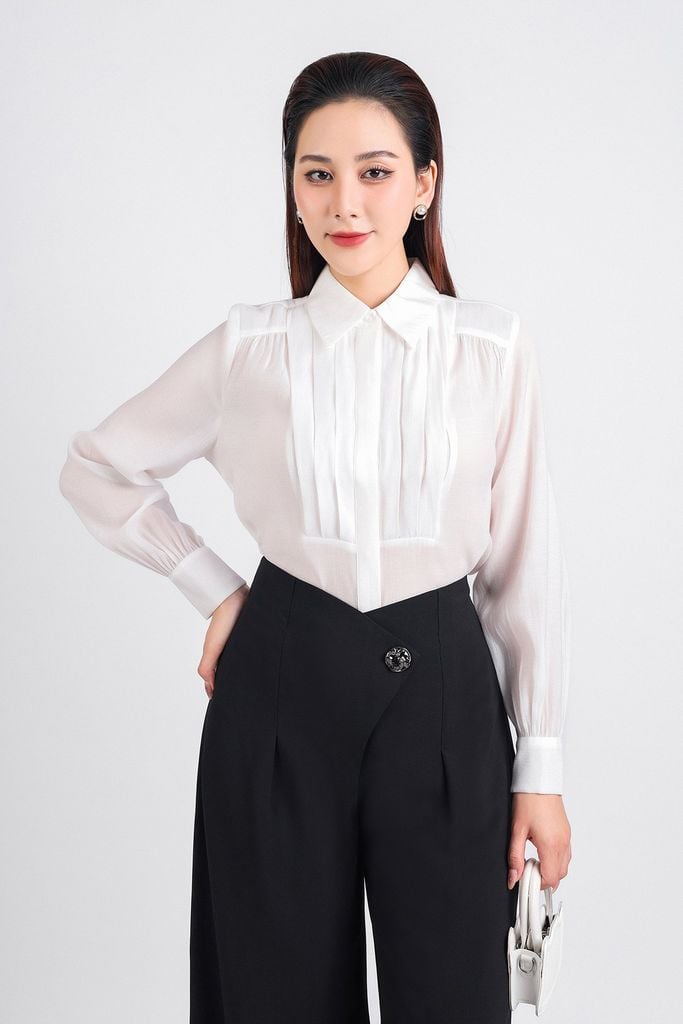 FAK31359 - Áo sơ mi kiểu công sở vải tơ dáng suông dài tay cổ đức thân áo xếp ly tạo kiểu cài khuy thân trước - PANTIO