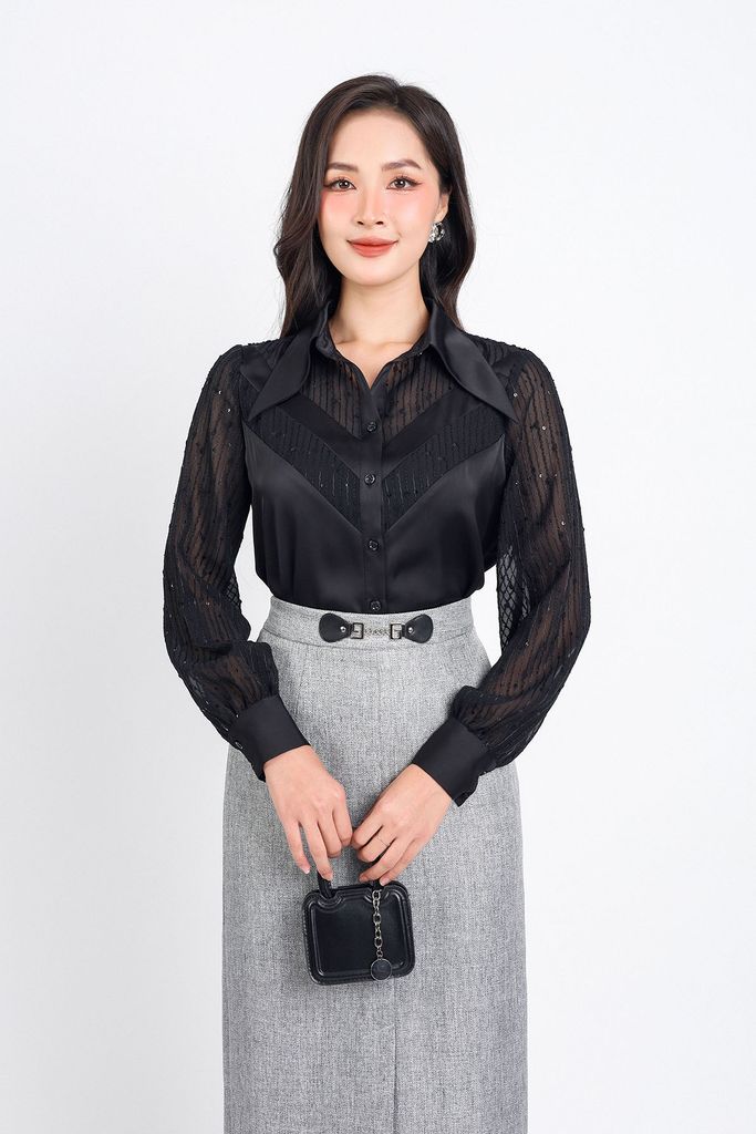 FAK31360 - Áo sơ mi kiểu công sở dài tay vải lụa dáng suông cổ đức phối voan kẻ thân áo hoạ tiết chữ V tạo kiểu - PANTIO