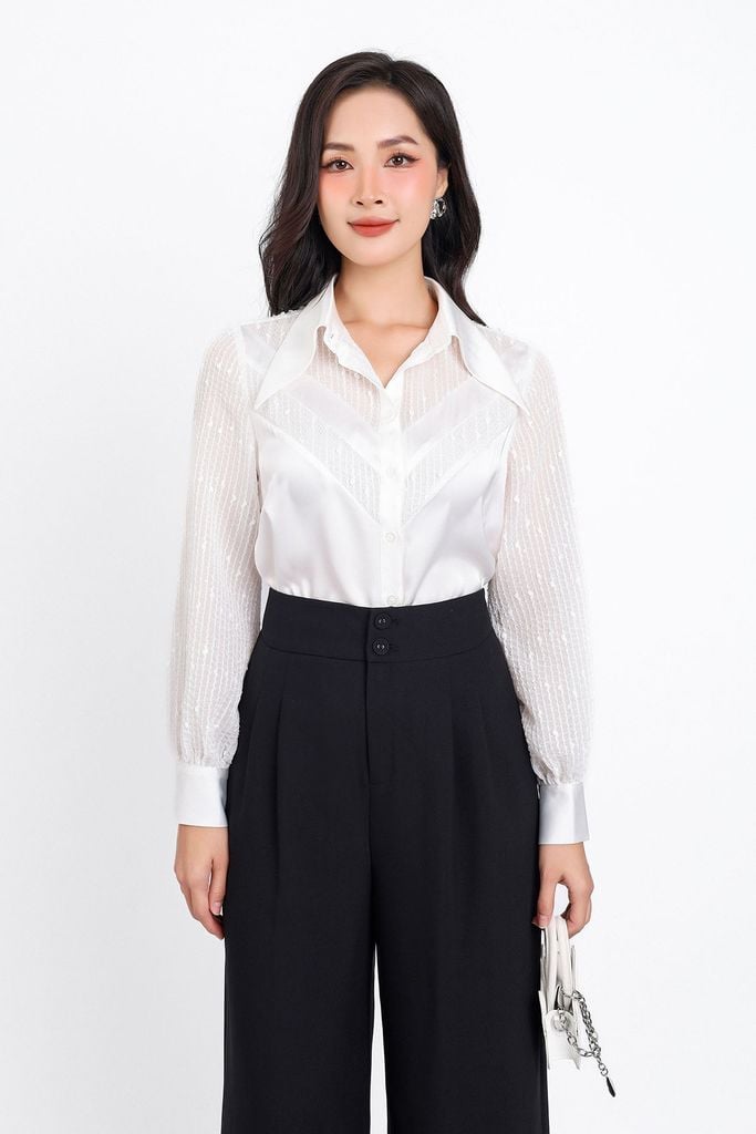 FAK31360 - Áo sơ mi kiểu công sở dài tay vải lụa dáng suông cổ đức phối voan kẻ thân áo hoạ tiết chữ V tạo kiểu - PANTIO