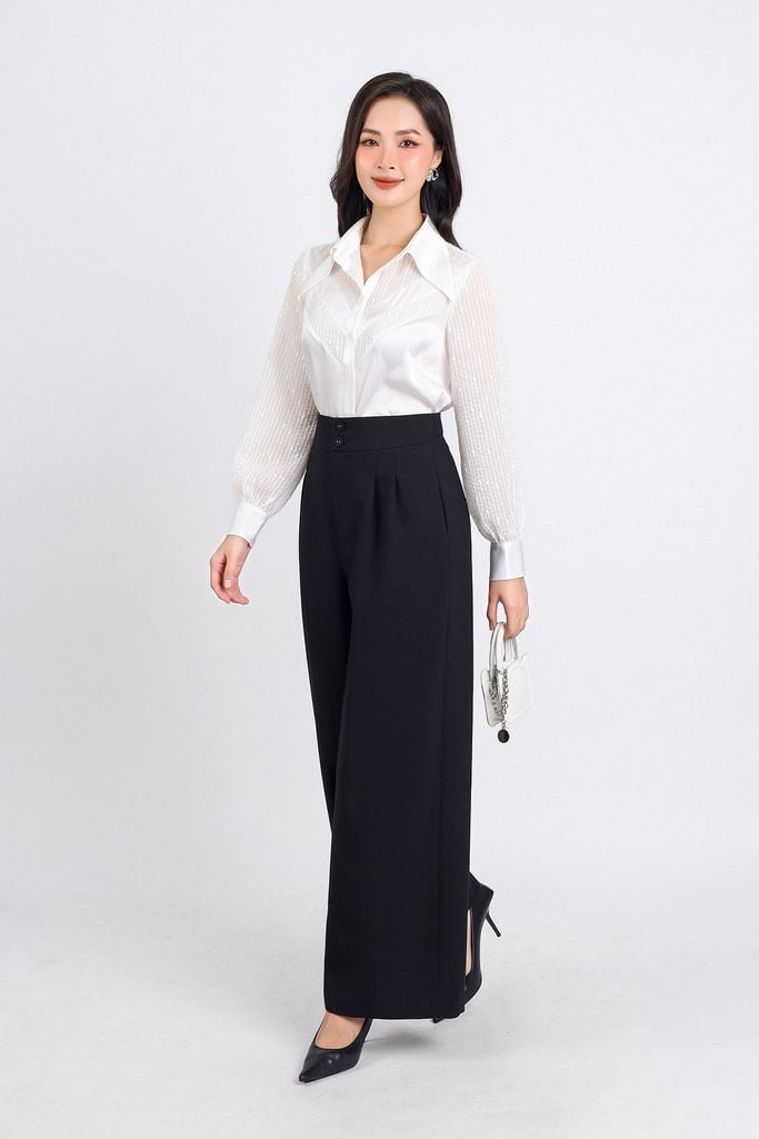 FAK31360 - Áo sơ mi kiểu công sở dài tay vải lụa dáng suông cổ đức phối voan kẻ thân áo hoạ tiết chữ V tạo kiểu - PANTIO