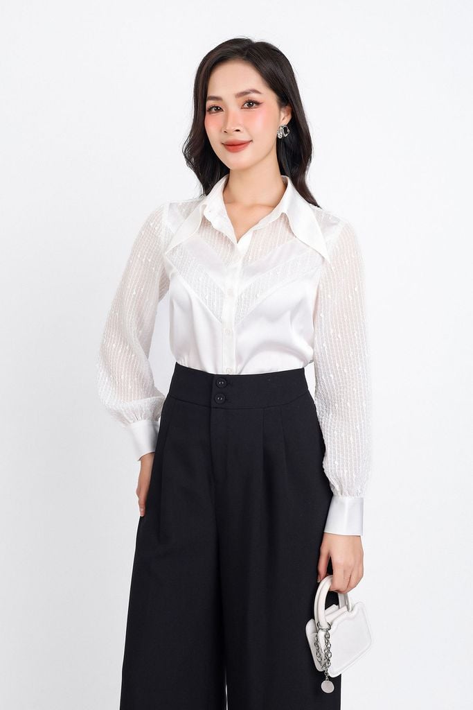 FAK31360 - Áo sơ mi kiểu công sở dài tay vải lụa dáng suông cổ đức phối voan kẻ thân áo hoạ tiết chữ V tạo kiểu - PANTIO