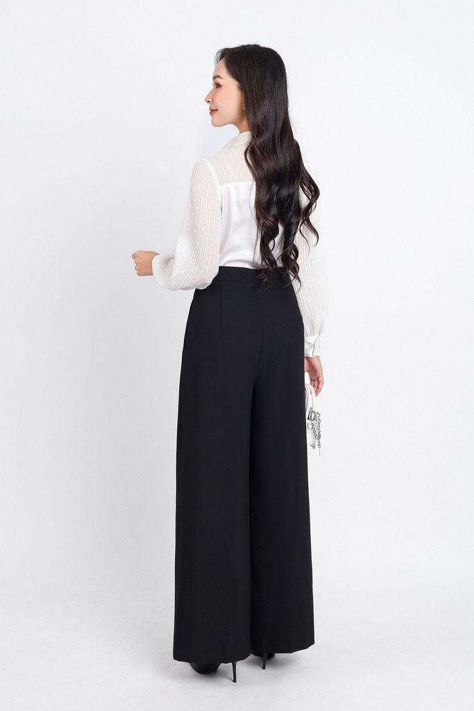 FAK31360 - Áo sơ mi kiểu công sở dài tay vải lụa dáng suông cổ đức phối voan kẻ thân áo hoạ tiết chữ V tạo kiểu - PANTIO