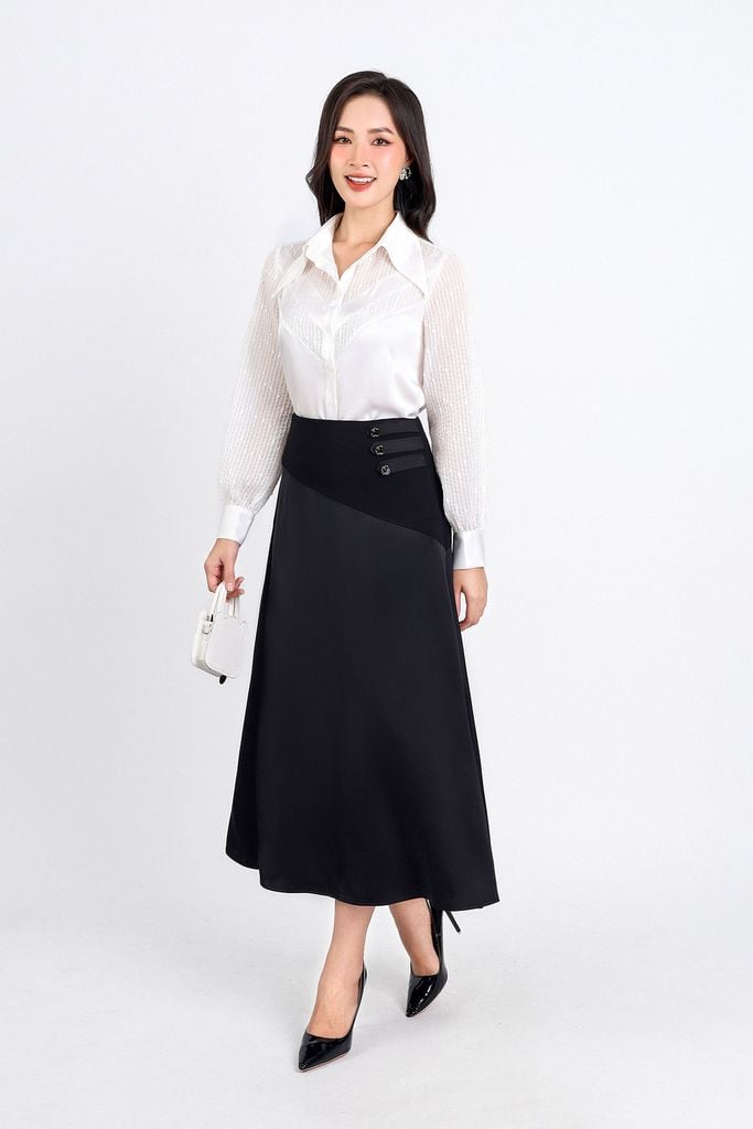 FJD51172 - Chân váy công sở vải lụa dáng suông eo phối vải Cotton bất đối xứng đính khuy tạo kiểu bên hông khoá thân sau - PANTIO