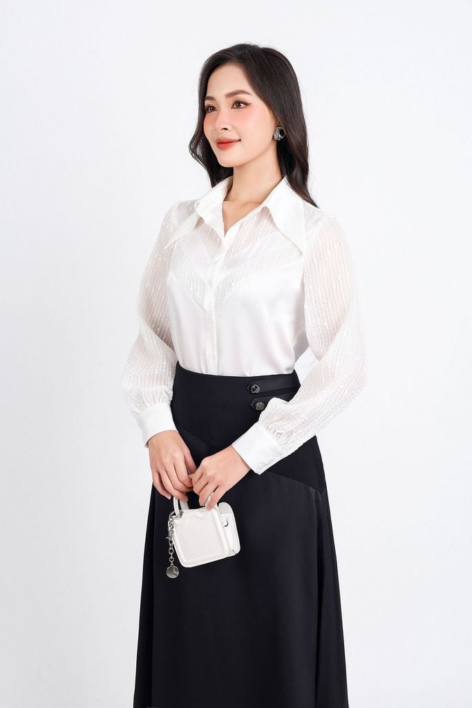 FJD51172 - Chân váy công sở vải lụa dáng suông eo phối vải Cotton bất đối xứng đính khuy tạo kiểu bên hông khoá thân sau - PANTIO