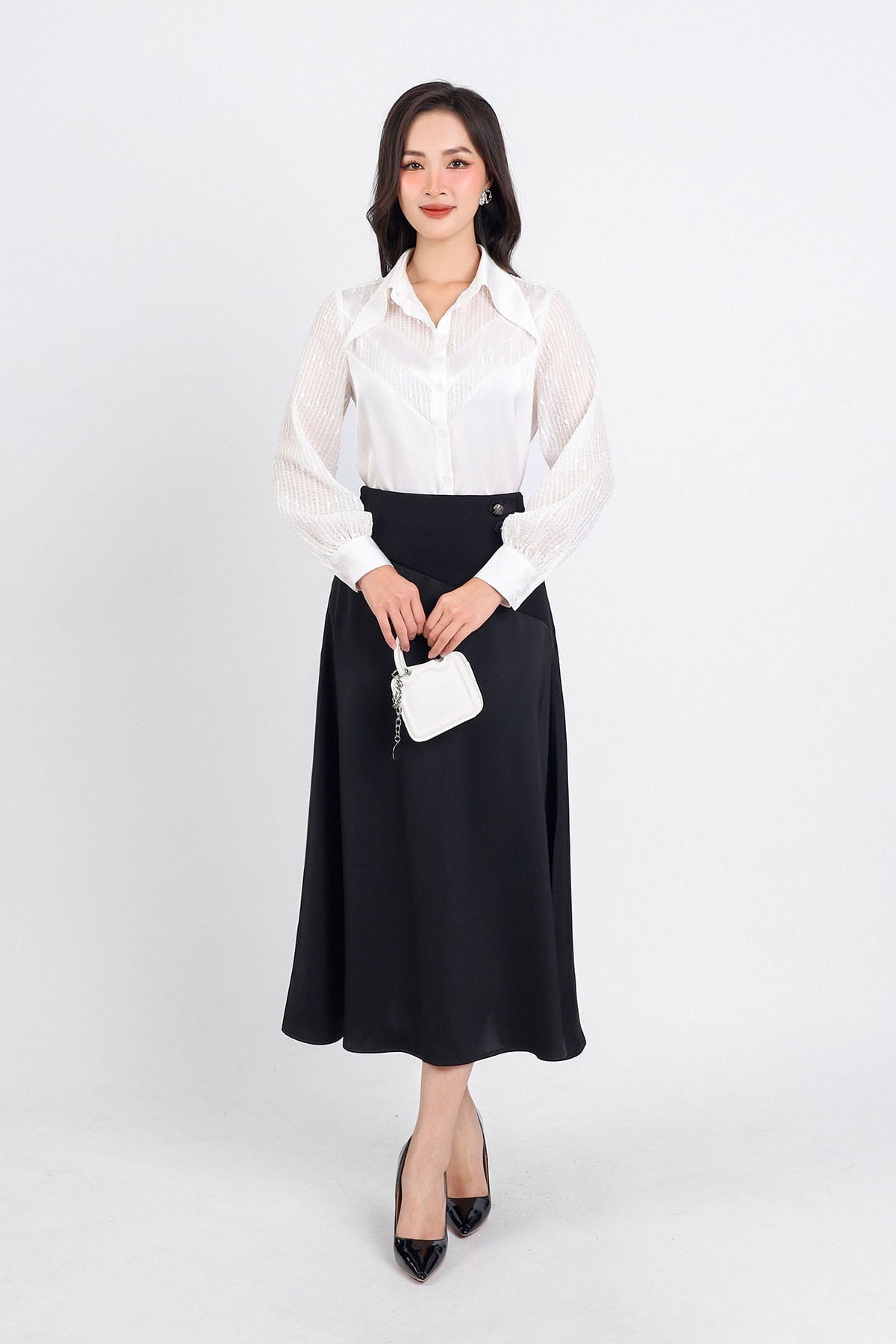 FJD51172 - Chân váy công sở vải lụa dáng suông eo phối vải Cotton bất đối xứng đính khuy tạo kiểu bên hông khoá thân sau - PANTIO