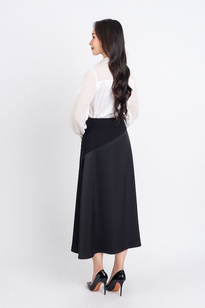 FJD51172 - Chân váy công sở vải lụa dáng suông eo phối vải Cotton bất đối xứng đính khuy tạo kiểu bên hông khoá thân sau - PANTIO