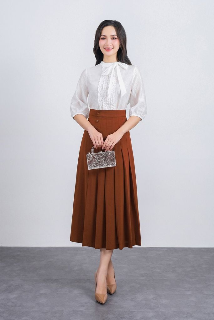 FAK31361 - Áo sơ mi kiểu công sở vải tơ dáng suông cổ tròn phối dây nơ tay lửng thân áo phối viền bèo tạo kiểu - PANTIO