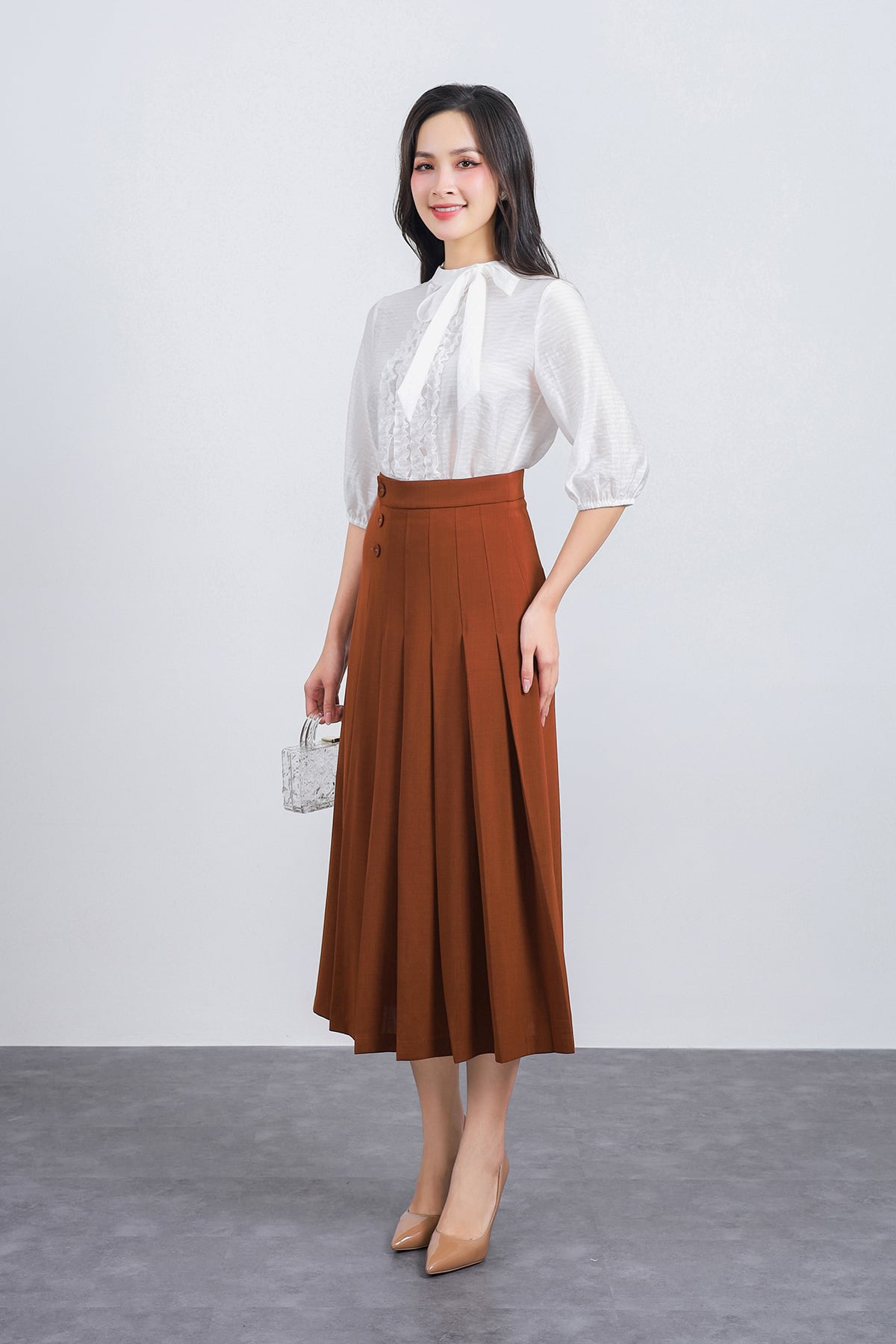 FJD51200 - Chân váy dài công sở vải tuypxy dáng A cạp phối khuy bọc thân váy xếp ly tạo kiểu - PANTIO