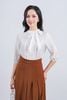 FAK31361 - Áo sơ mi kiểu công sở vải tơ dáng suông cổ tròn phối dây nơ tay lửng thân áo phối viền bèo tạo kiểu - PANTIO