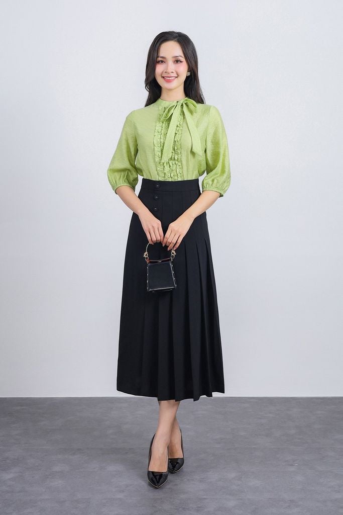FAK31361 - Áo sơ mi kiểu công sở vải tơ dáng suông cổ tròn phối dây nơ tay lửng thân áo phối viền bèo tạo kiểu - PANTIO