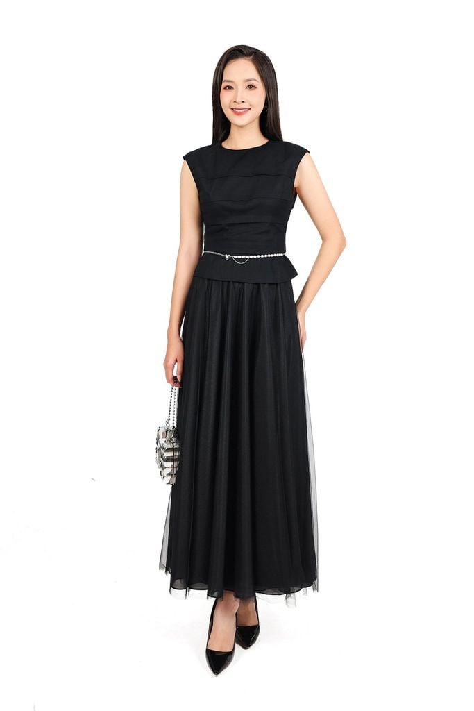 FAK31425 - Áo kiểu công sở vải linen dáng ôm cổ tròn vai chờm thân áo xếp nhún tạo kiểu thân sau phối khoá tạo kiểu - PANTIO