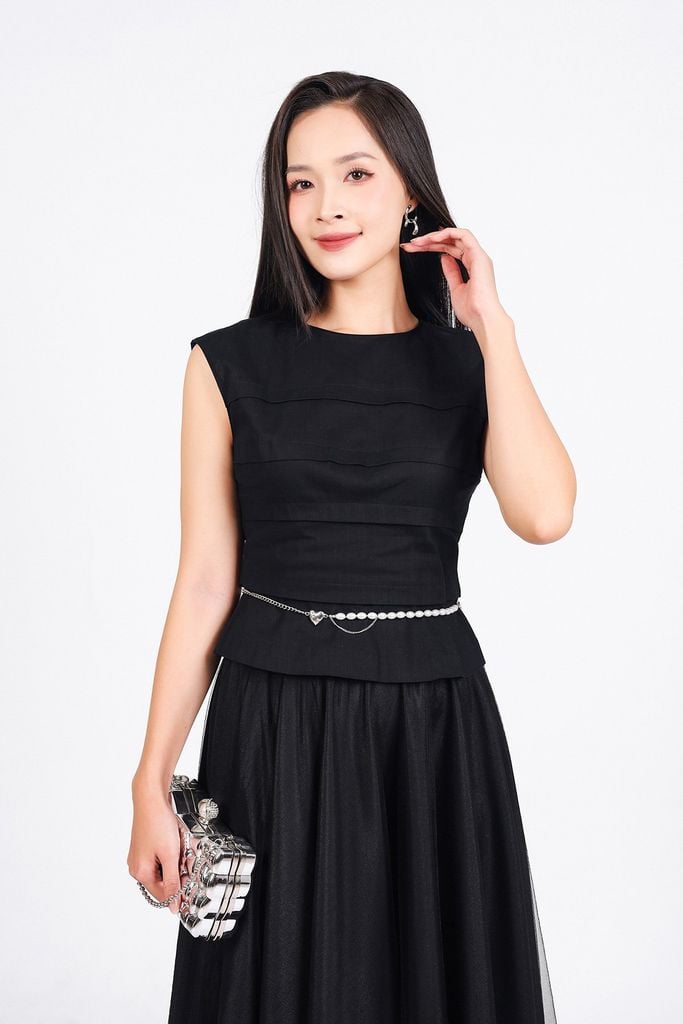 FAK31425 - Áo kiểu công sở vải linen dáng ôm cổ tròn vai chờm thân áo xếp nhún tạo kiểu thân sau phối khoá tạo kiểu - PANTIO