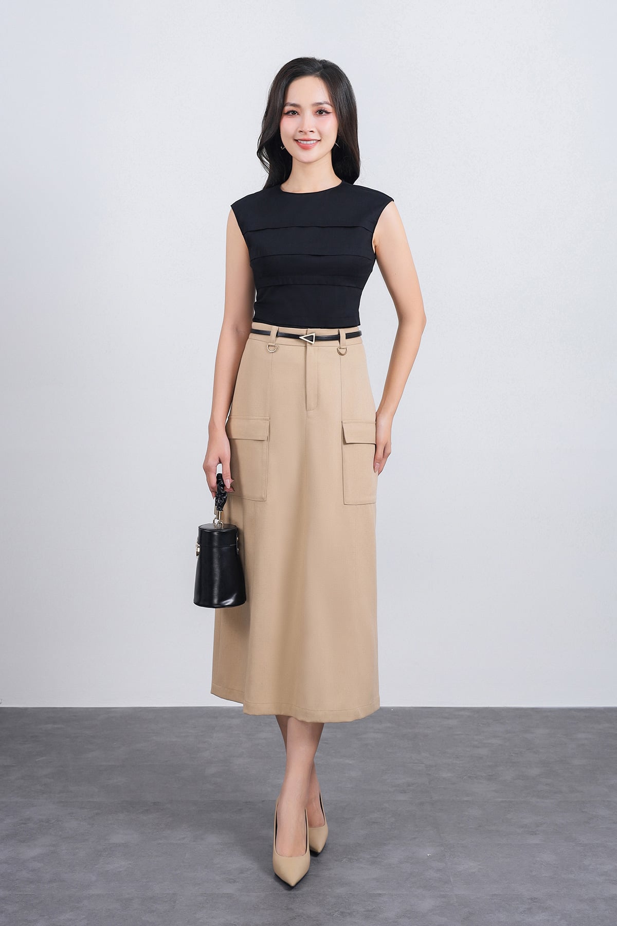 FJD51205 - Chân váy dài công sở vải thô dáng suông thân váy có túi hộp tạo kiểu khoá thân trước - PANTIO