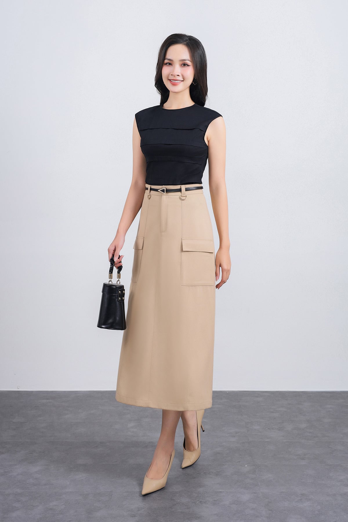 FJD51205 - Chân váy dài công sở vải thô dáng suông thân váy có túi hộp tạo kiểu khoá thân trước - PANTIO