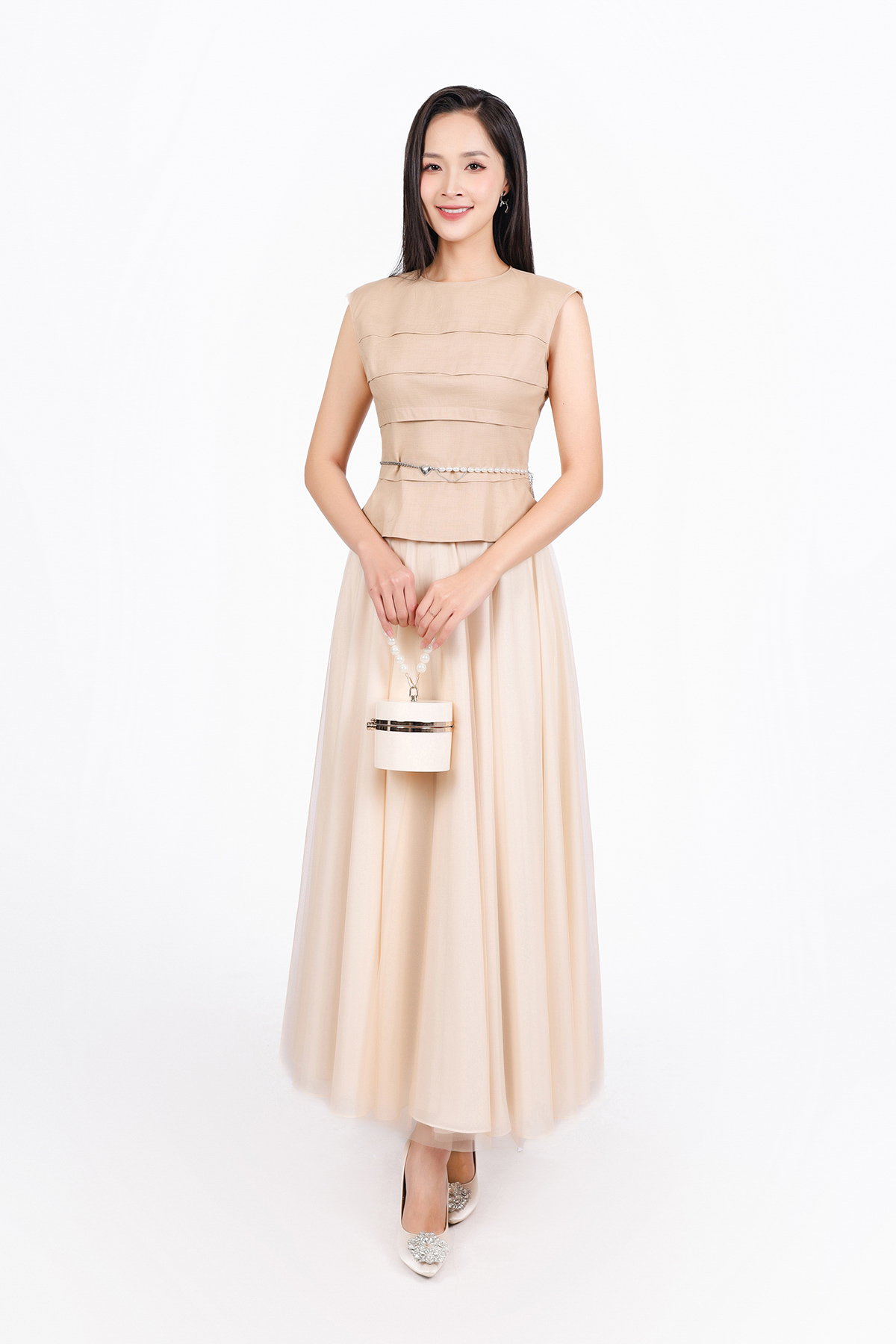 FAK31425 - Áo kiểu công sở vải linen dáng ôm cổ tròn vai chờm thân áo xếp nhún tạo kiểu thân sau phối khoá tạo kiểu - PANTIO