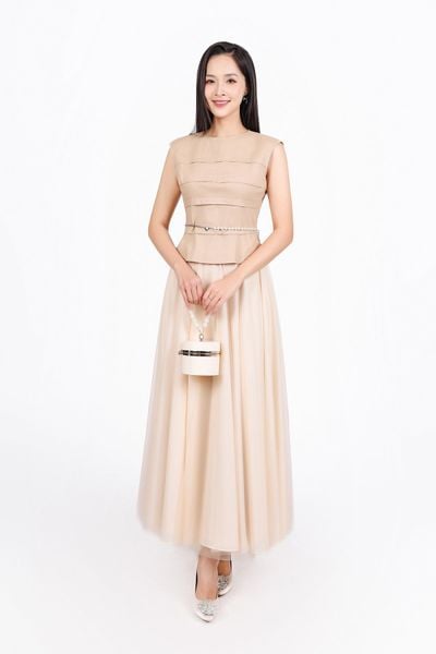 FAK31425 - Áo kiểu công sở vải linen dáng ôm cổ tròn vai chờm thân áo xếp nhún tạo kiểu thân sau phối khoá tạo kiểu - PANTIO