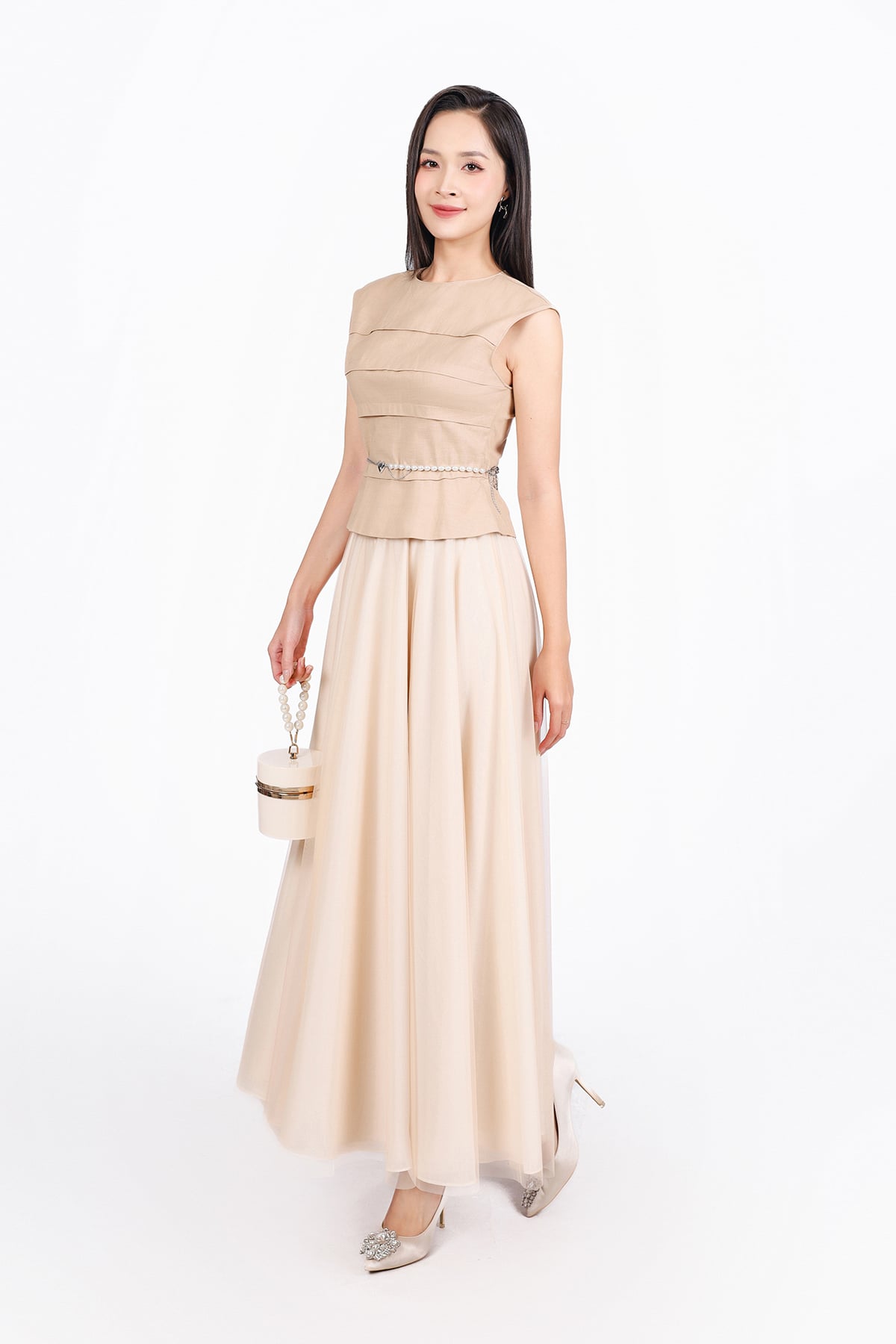 FAK31425 - Áo kiểu công sở vải linen dáng ôm cổ tròn vai chờm thân áo xếp nhún tạo kiểu thân sau phối khoá tạo kiểu - PANTIO