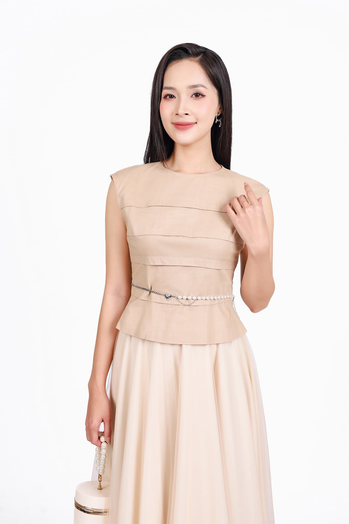 FAK31425 - Áo kiểu công sở vải linen dáng ôm cổ tròn vai chờm thân áo xếp nhún tạo kiểu thân sau phối khoá tạo kiểu - tỷ lệ kèo 8899