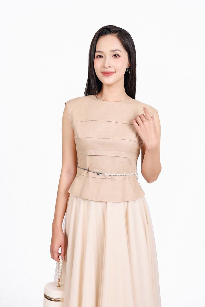 FAK31425 - Áo kiểu công sở vải linen dáng ôm cổ tròn vai chờm thân áo xếp nhún tạo kiểu thân sau phối khoá tạo kiểu - PANTIO