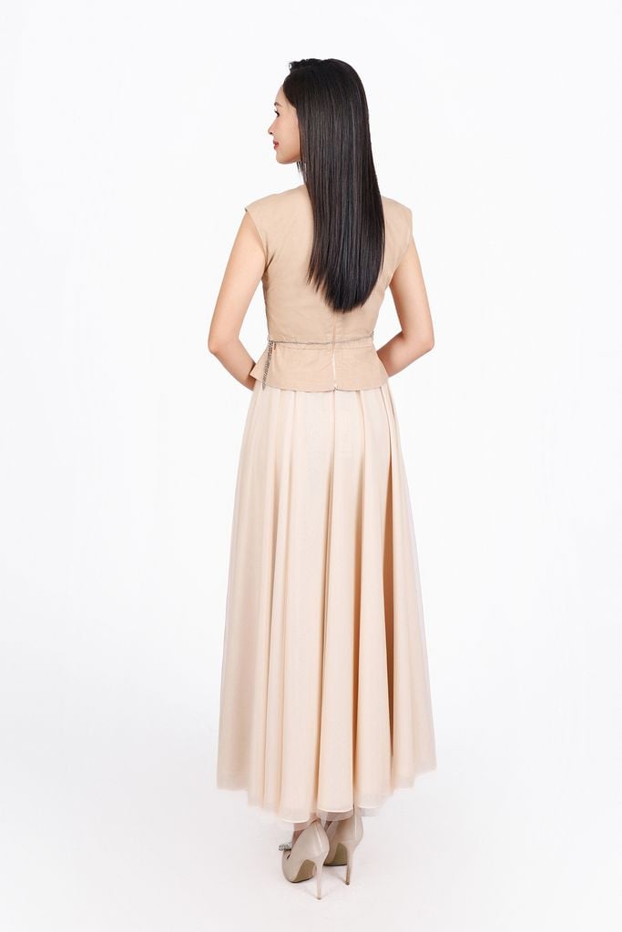 FAK31425 - Áo kiểu công sở vải linen dáng ôm cổ tròn vai chờm thân áo xếp nhún tạo kiểu thân sau phối khoá tạo kiểu - PANTIO