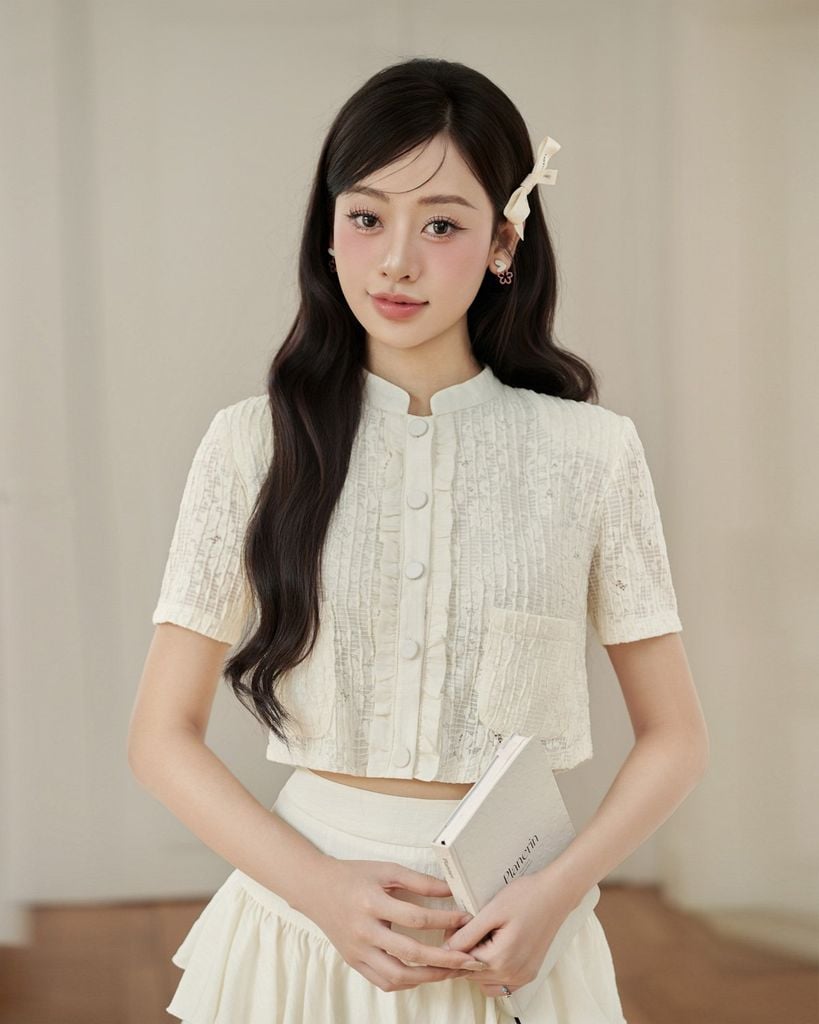 FAK31428 - Áo sơ mi kiểu vải tơ hoa dáng croptop cổ tàu tay ngắn thân áo phối khuy bọc - JAN.