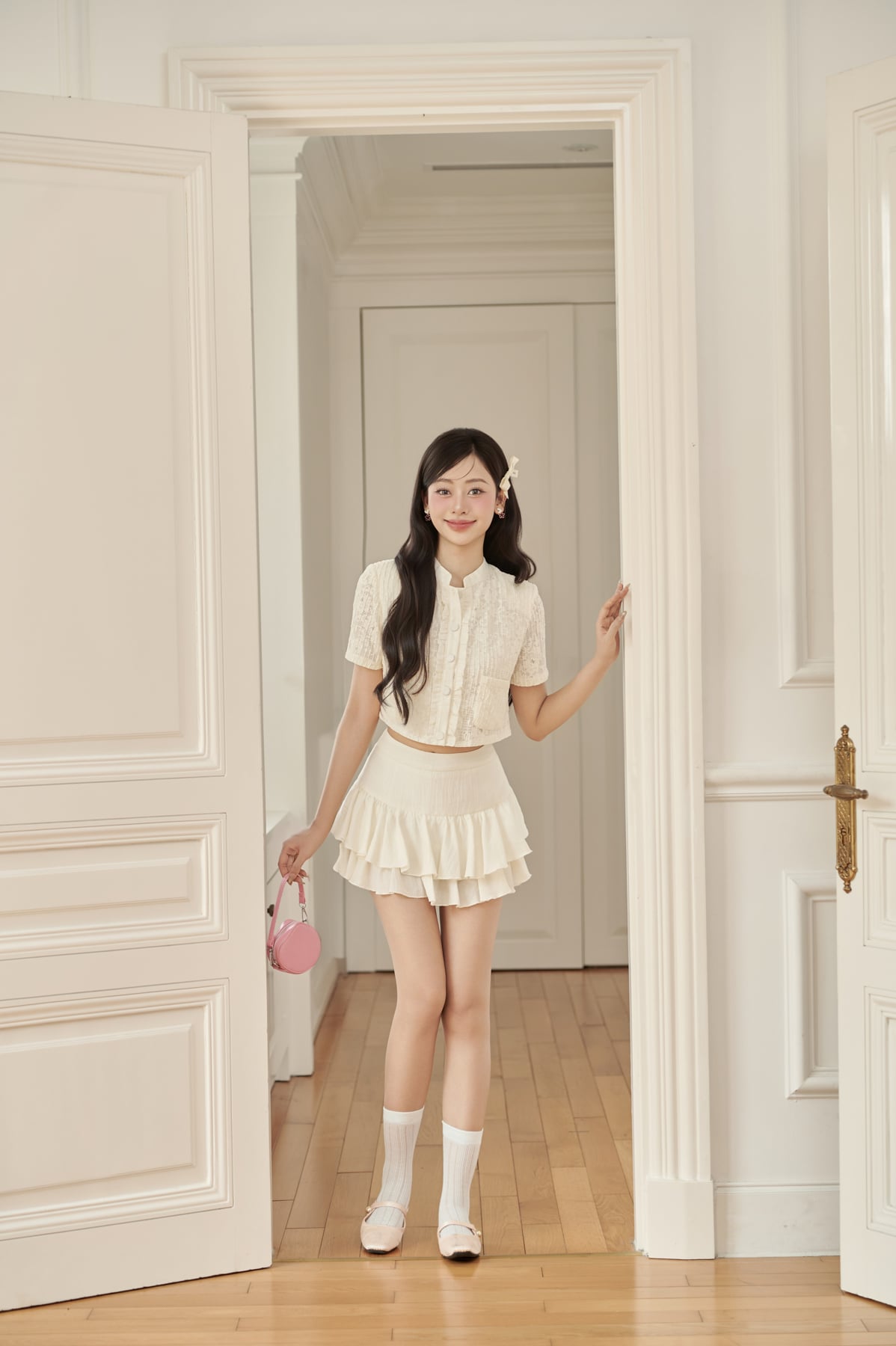 FJN3721 - Chân váy ngắn vải tơ hai tầng tạo kiểu khoá thân sau - JAN.