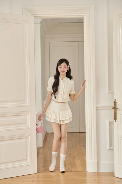FJN3721 - Chân váy ngắn vải tơ hai tầng tạo kiểu khoá thân sau - JAN.