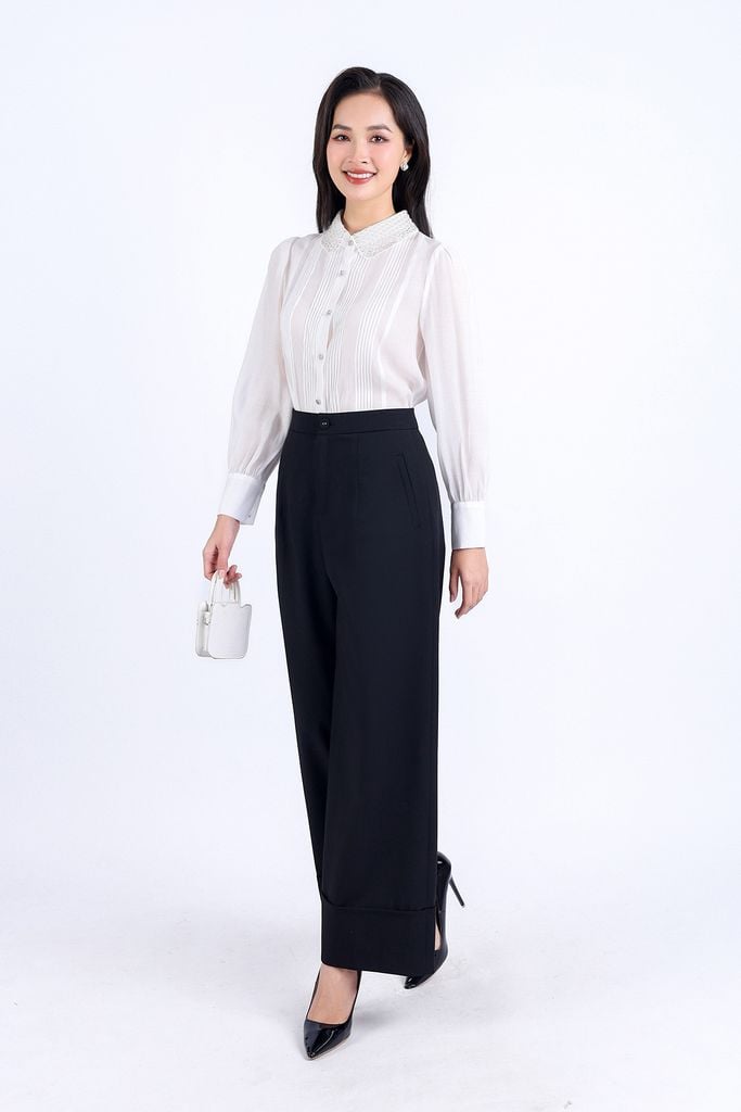 FAK51326 - Áo kiểu công sở vải tơ dáng suông cổ đức đính đá trang trí tay dài thân áo phối đường gân trang trí cài khuy thân trước - PANTIO