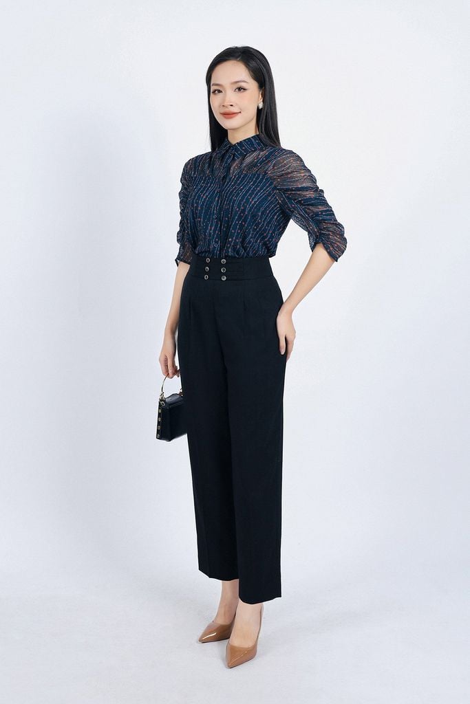 FQD51112 - Quần công sở vải thô đũi dáng Baggy cạp cao đính khuy trang trí thân quần phối ly bong tạo kiểu - PANTIO