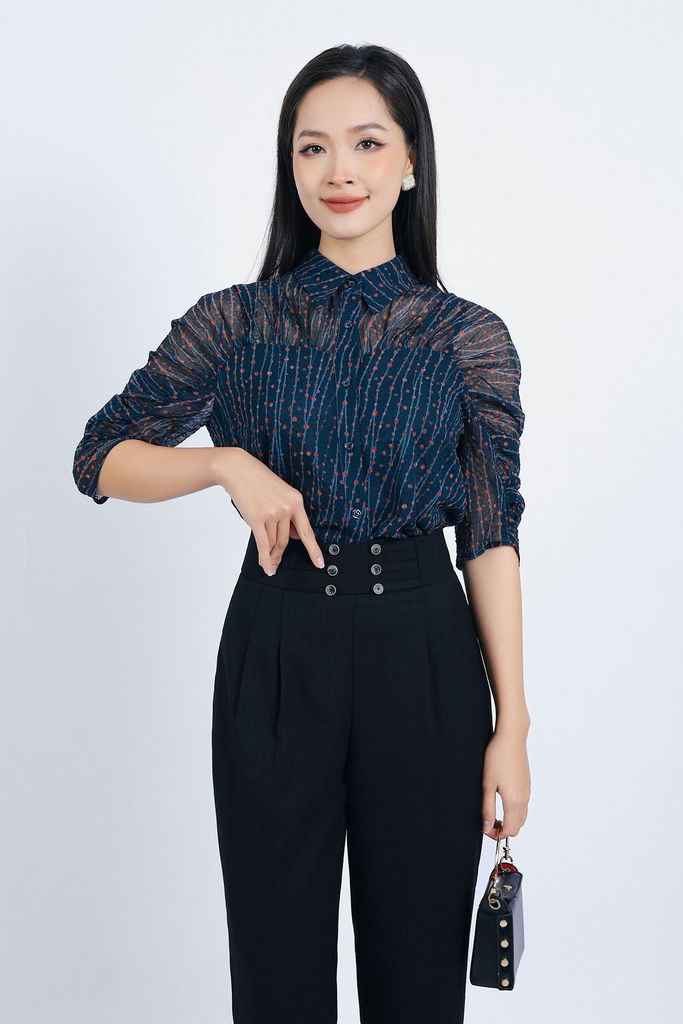 FQD51112 - Quần công sở vải thô đũi dáng Baggy cạp cao đính khuy trang trí thân quần phối ly bong tạo kiểu - PANTIO