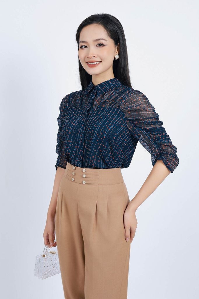 FQD51112 - Quần công sở vải thô đũi dáng Baggy cạp cao đính khuy trang trí thân quần phối ly bong tạo kiểu - PANTIO