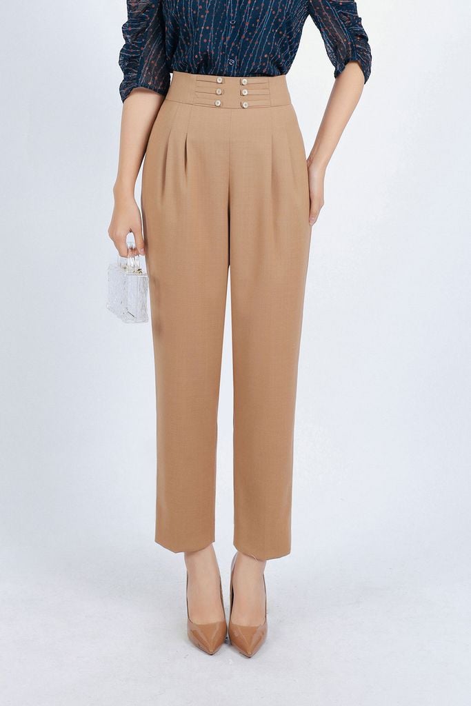 FQD51112 - Quần công sở vải thô đũi dáng Baggy cạp cao đính khuy trang trí thân quần phối ly bong tạo kiểu - PANTIO