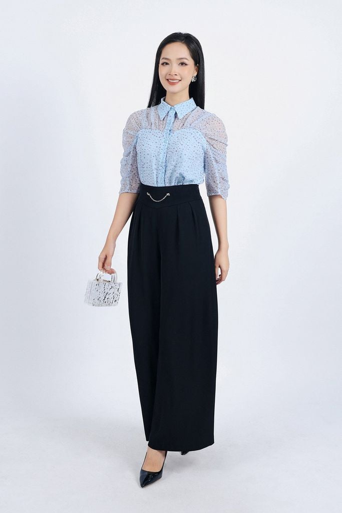 FQD51128 - Quần công sở vải tuyp xy dáng suông ống rộng phối ly bong tạo kiểu eo phối dây xích trang trí - PANTIO